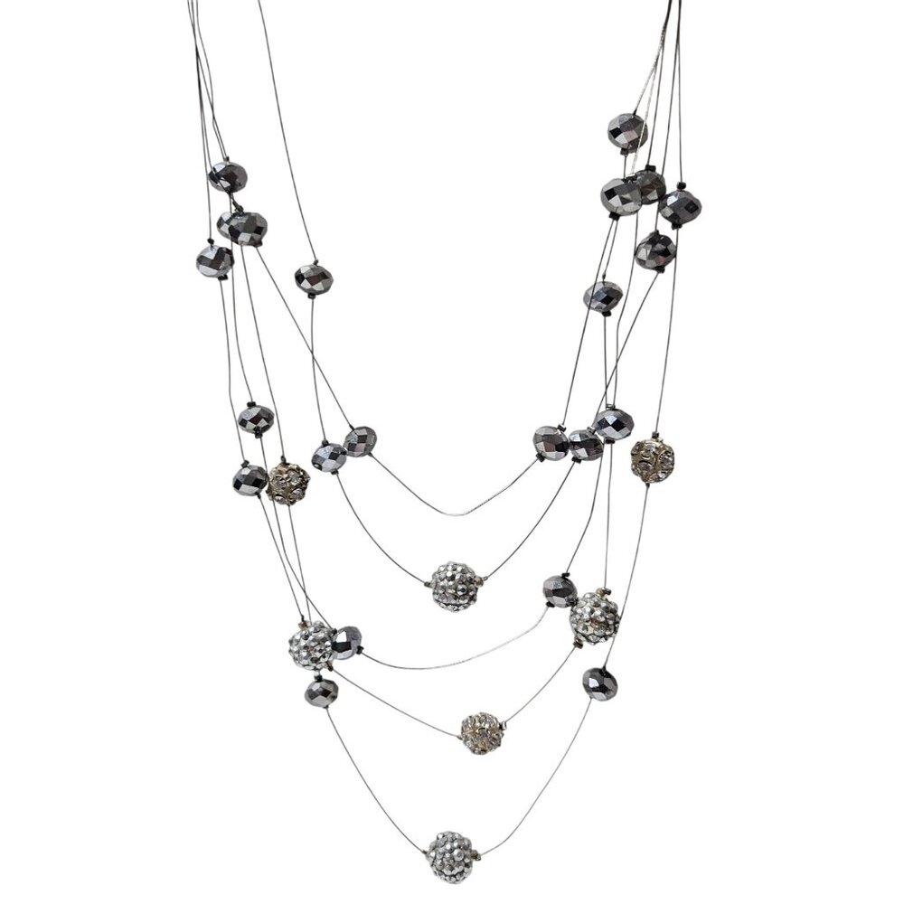 Elegant Crystal Beaded Two Tone Silver Gold Multi Strand Necklace Jewelry Women